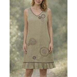 Russ Berens Floral Embroidery Sleeveless V-neck Linen Dress Size L